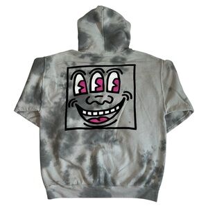Keith Haring Hoodie Sweatshirt M Gray White Tie Dye Graphic Smile Face Ripple
